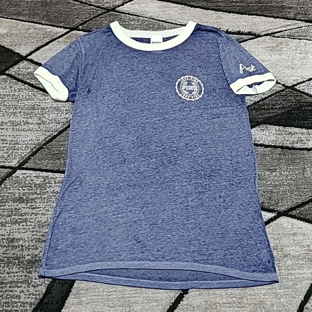 VS PINK 2016 RINGER CREW-NECK BLUE BURN-OUT LOGO TEE-SHIRT PRICE FIRM